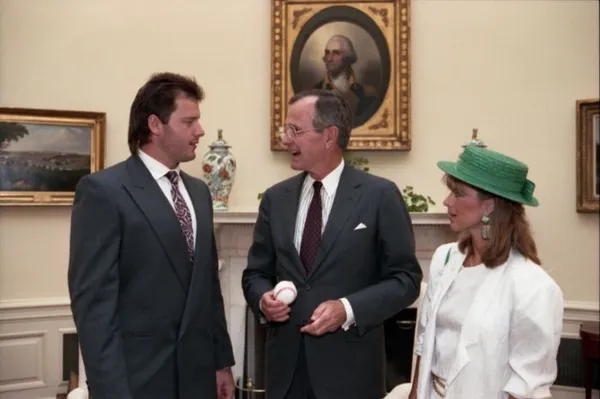 President George H.W. Bush meets Roger Clemens in the Oval Office, 1989