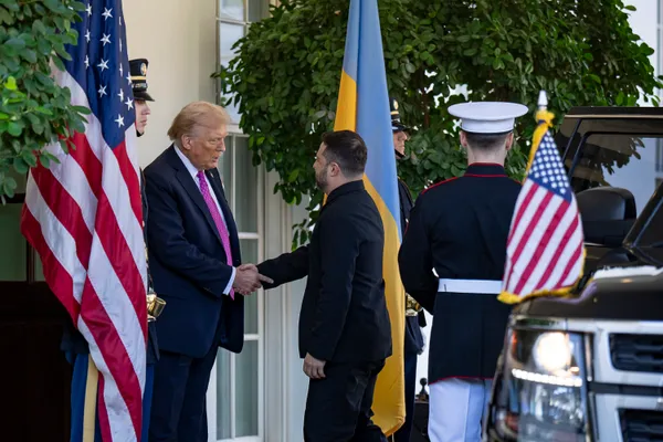 President Trump greets Ukrainian President Zelenskyy at the West Wing entrance on October 17, 2025.