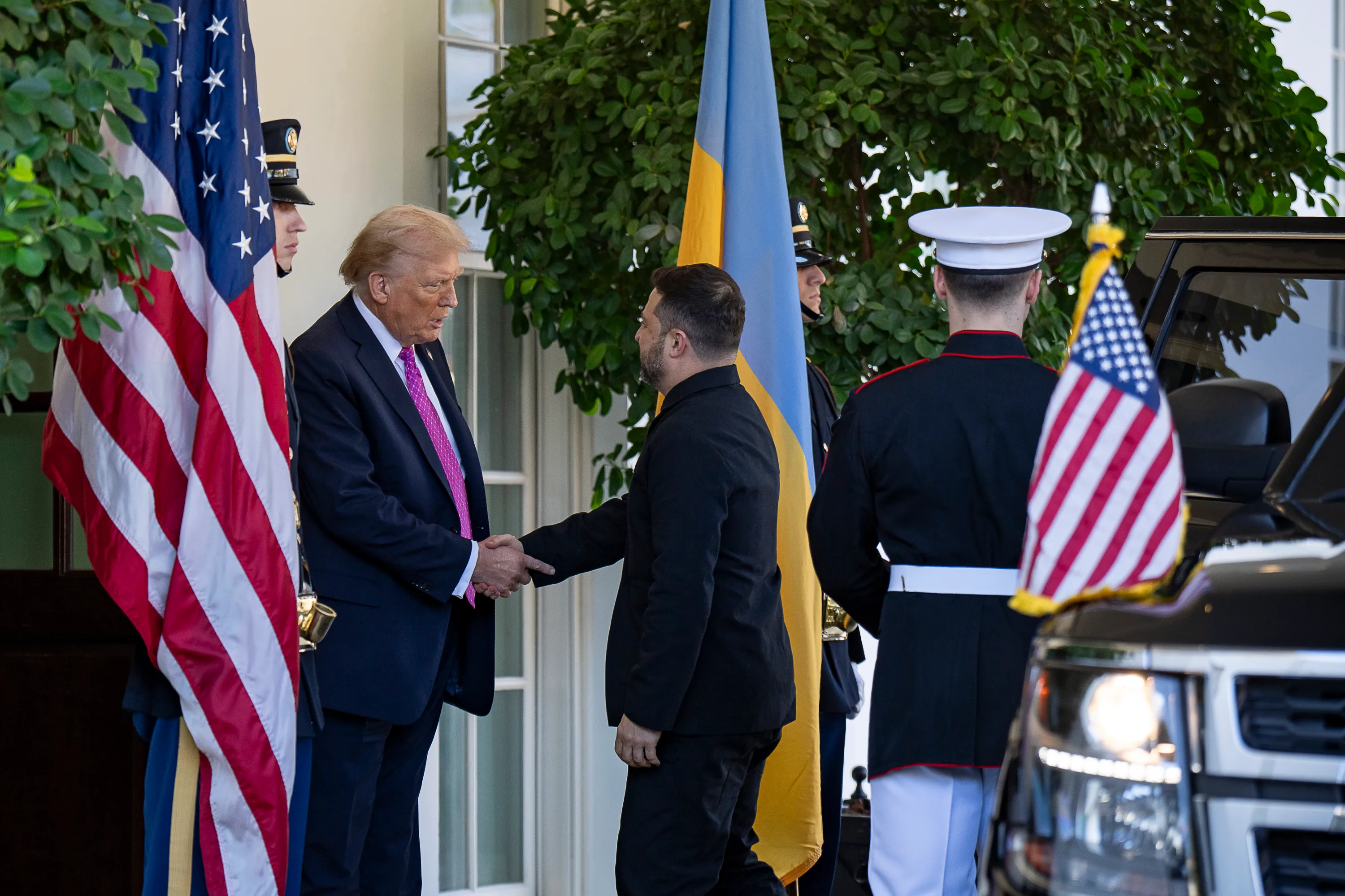 President Trump greets Ukrainian President Zelenskyy at the West Wing entrance on October 17, 2025.