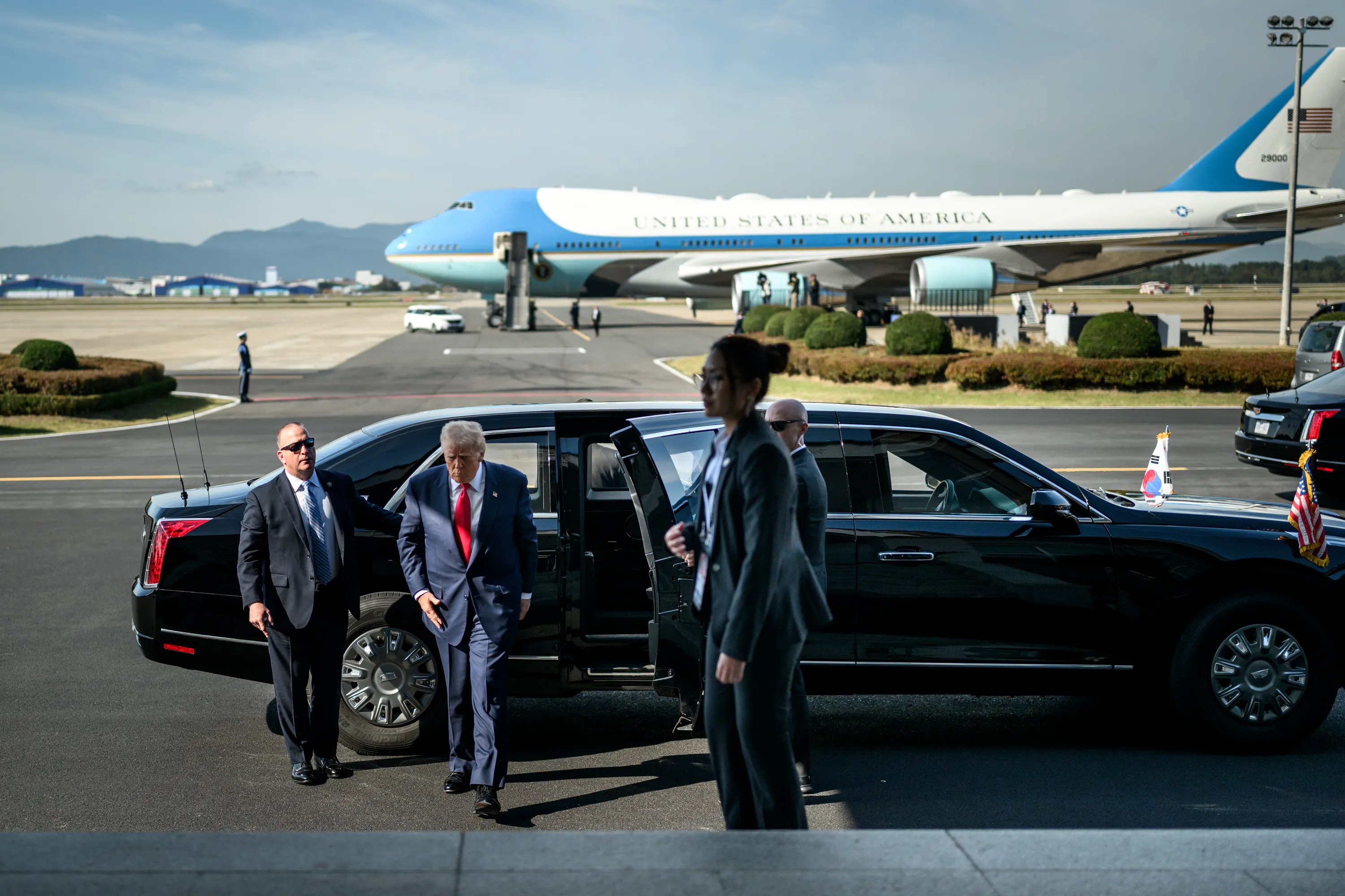 President Trump arrives for a bilateral meeting with Chinese President Xi Jinping at Gimhae International Airport, Busan, South Korea.