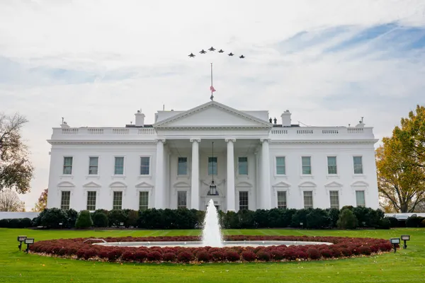 F-35 fighter jets fly over the North Side of the White House during the official Saudi Arabia visit, November 18, 2025.