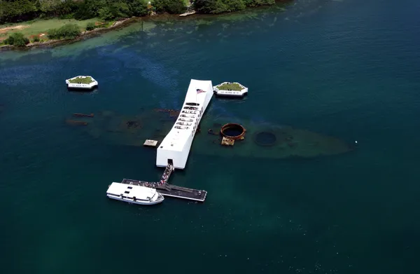Aerial view of the USS Arizona Memorial at Pearl Harbor, Hawaii.