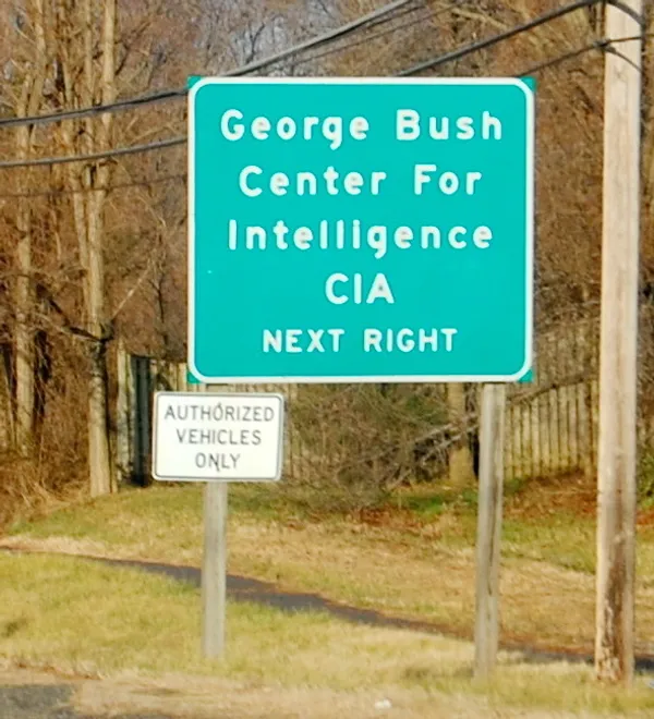 Sign at the entrance of the George Bush Center for Intelligence, headquarters of the CIA.