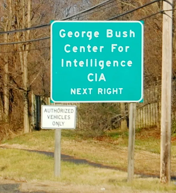 Sign at the entrance of the George Bush Center for Intelligence, headquarters of the CIA.