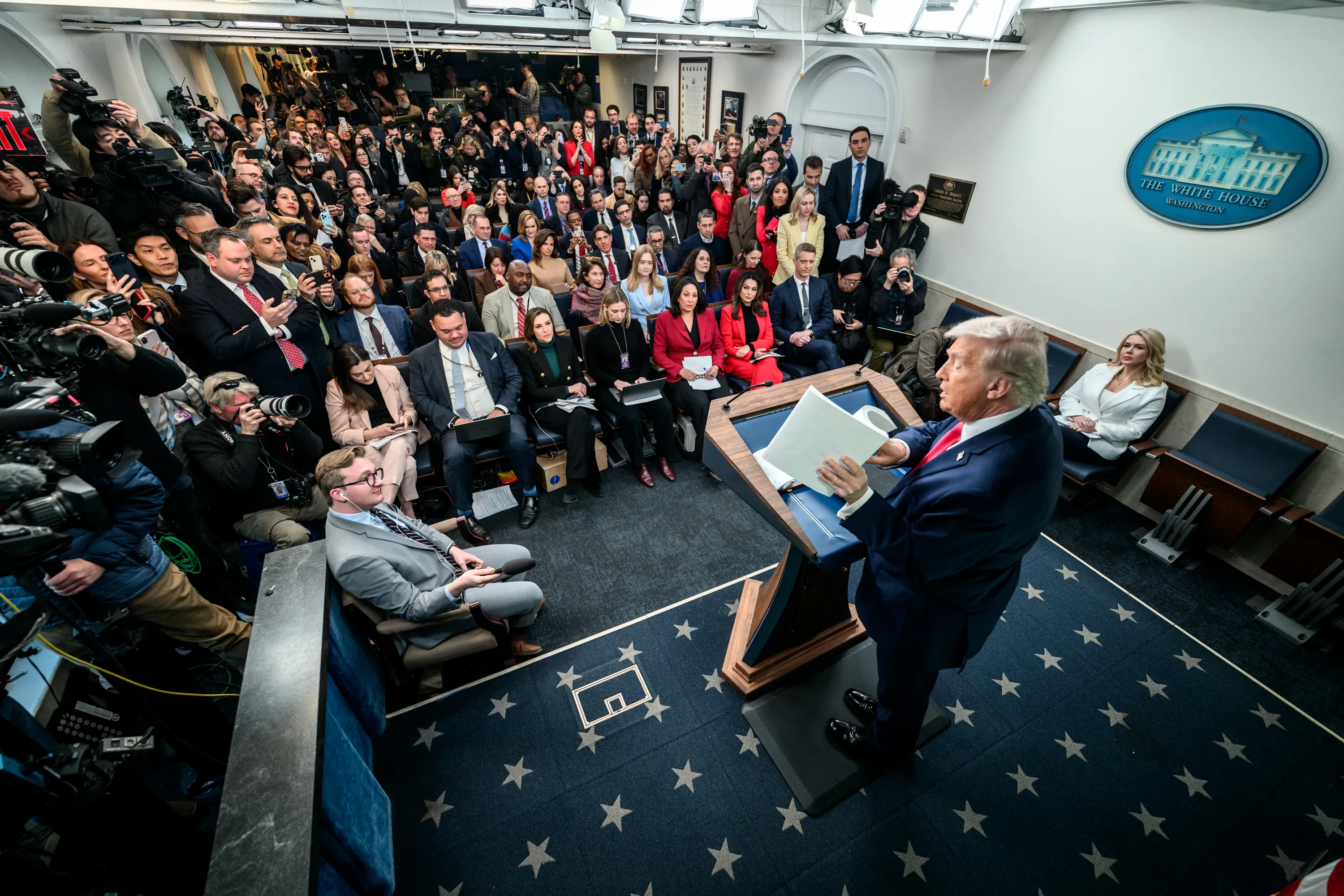 President Donald Trump addresses members of the media in the James S. Brady Press Briefing Room on January 20, 2026.