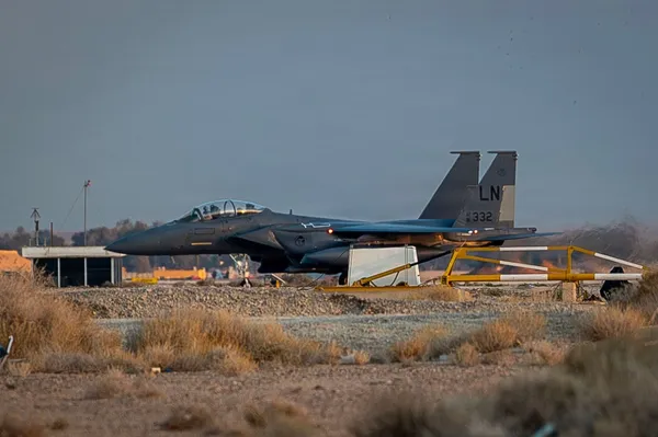 A U.S. Air Force F-15E Strike Eagle taxis after landing at a base in the Middle East.