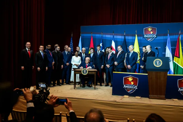 President Trump and Latin American leaders sign the Doral Charter of Liberty at the Shield of the Americas summit.