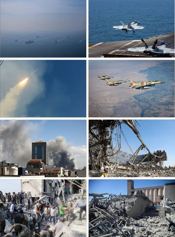 Collage of images from the 2026 Iran war, including airstrikes and military operations.