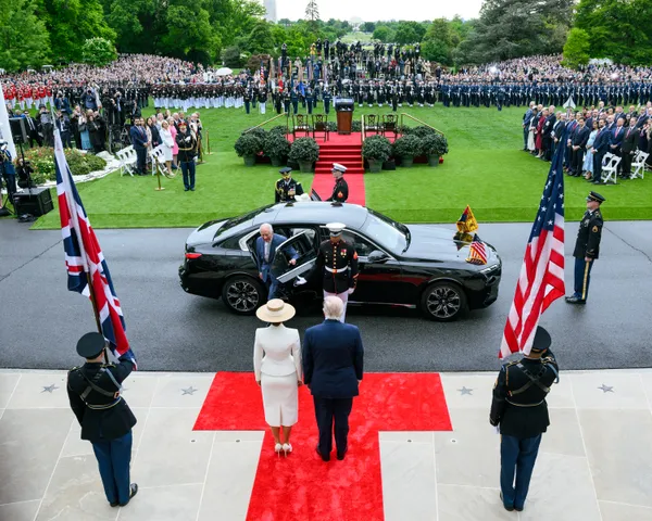 President Trump and First Lady Melania Trump greet King Charles III and Queen Camilla at the State Arrival ceremony at the White House.