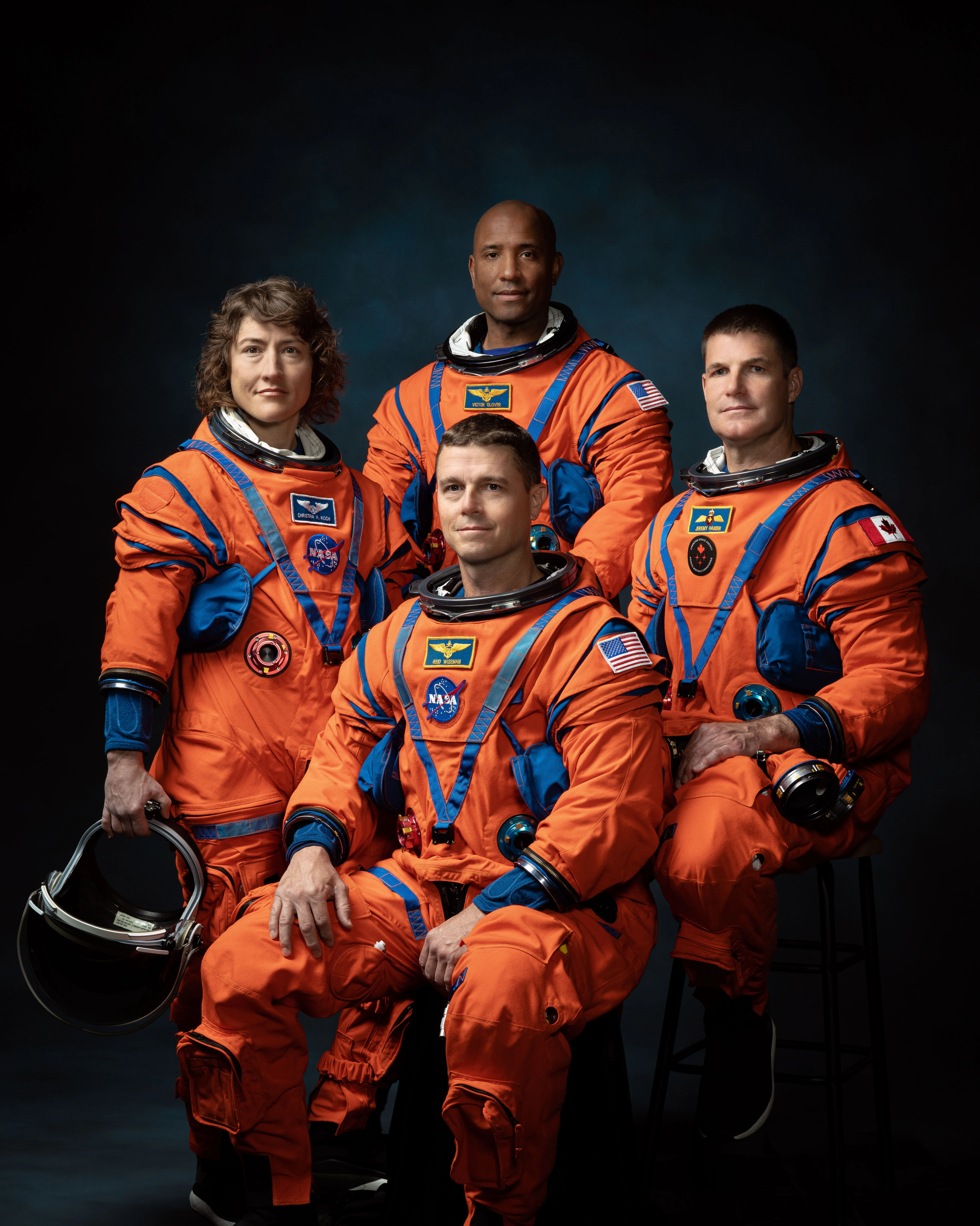 Artemis II crew portrait: Jeremy Hansen, Victor Glover, Reid Wiseman, and Christina Hammock Koch.
